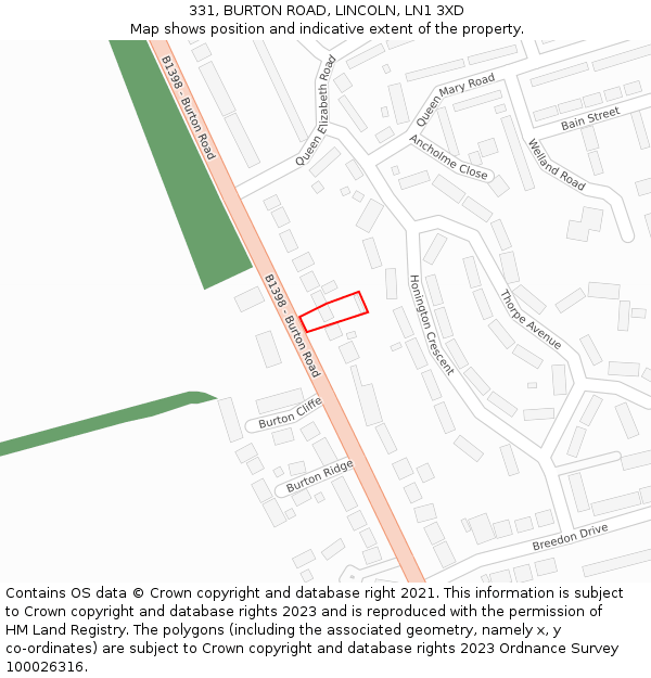 331, BURTON ROAD, LINCOLN, LN1 3XD: Location map and indicative extent of plot