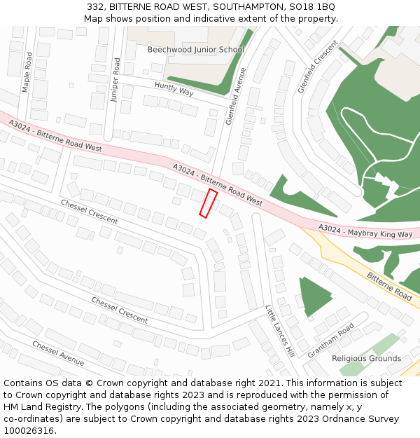 332, BITTERNE ROAD WEST, SOUTHAMPTON, SO18 1BQ: Location map and indicative extent of plot