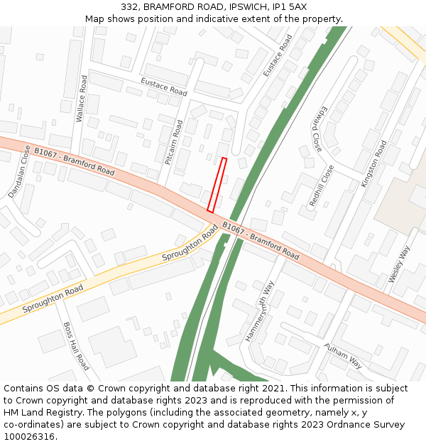 332, BRAMFORD ROAD, IPSWICH, IP1 5AX: Location map and indicative extent of plot