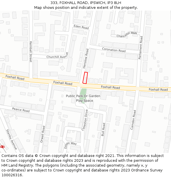 333, FOXHALL ROAD, IPSWICH, IP3 8LH: Location map and indicative extent of plot