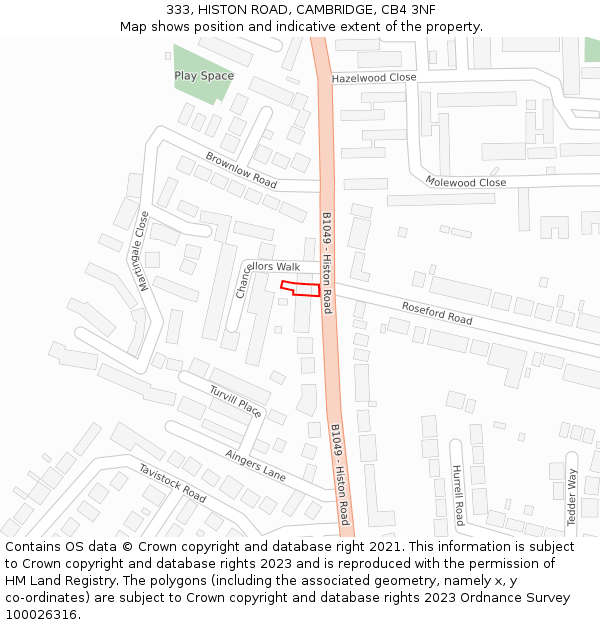 333, HISTON ROAD, CAMBRIDGE, CB4 3NF: Location map and indicative extent of plot