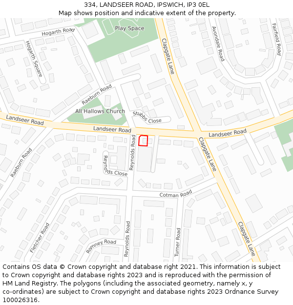 334, LANDSEER ROAD, IPSWICH, IP3 0EL: Location map and indicative extent of plot