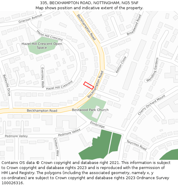 335, BECKHAMPTON ROAD, NOTTINGHAM, NG5 5NF: Location map and indicative extent of plot