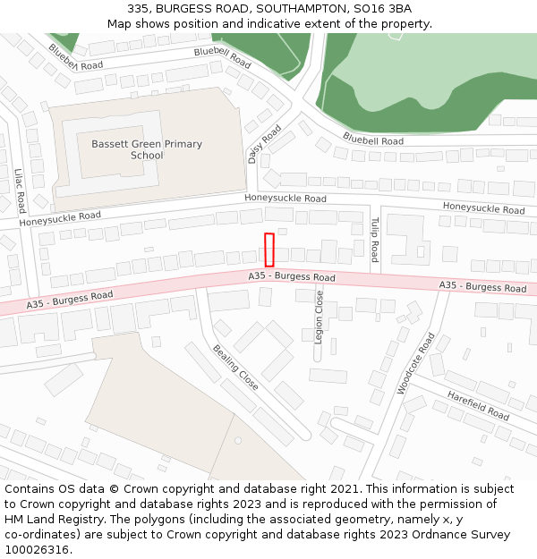 335, BURGESS ROAD, SOUTHAMPTON, SO16 3BA: Location map and indicative extent of plot