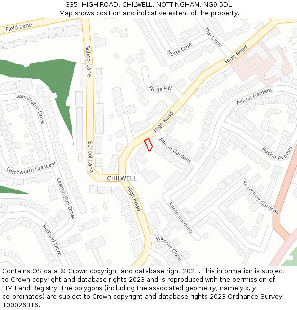 335, HIGH ROAD, CHILWELL, NOTTINGHAM, NG9 5DL: Location map and indicative extent of plot