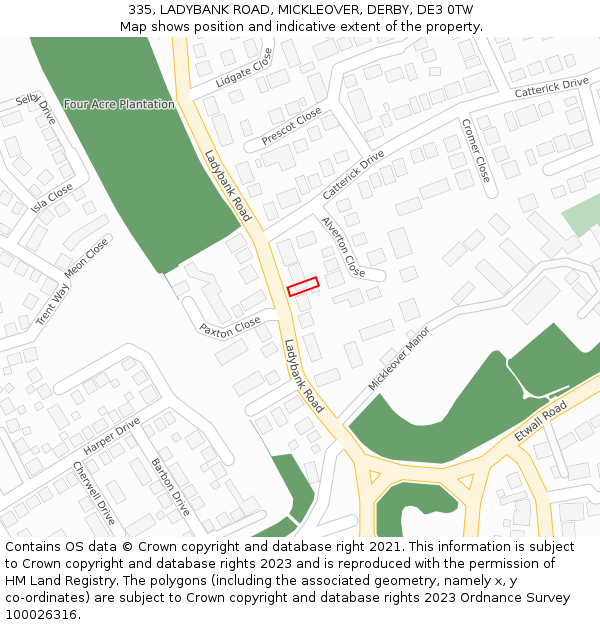 335, LADYBANK ROAD, MICKLEOVER, DERBY, DE3 0TW: Location map and indicative extent of plot