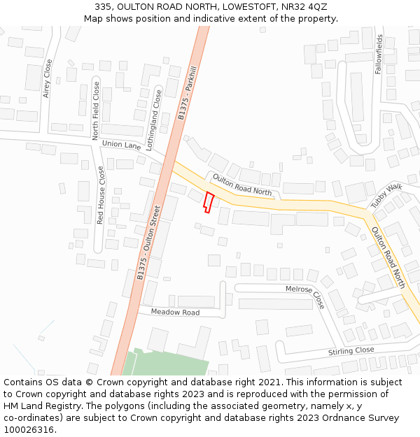 335, OULTON ROAD NORTH, LOWESTOFT, NR32 4QZ: Location map and indicative extent of plot