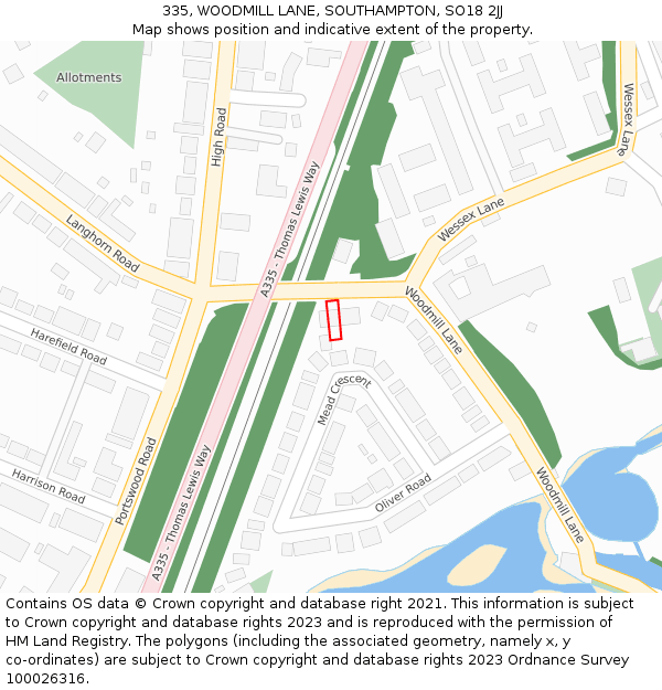 335, WOODMILL LANE, SOUTHAMPTON, SO18 2JJ: Location map and indicative extent of plot