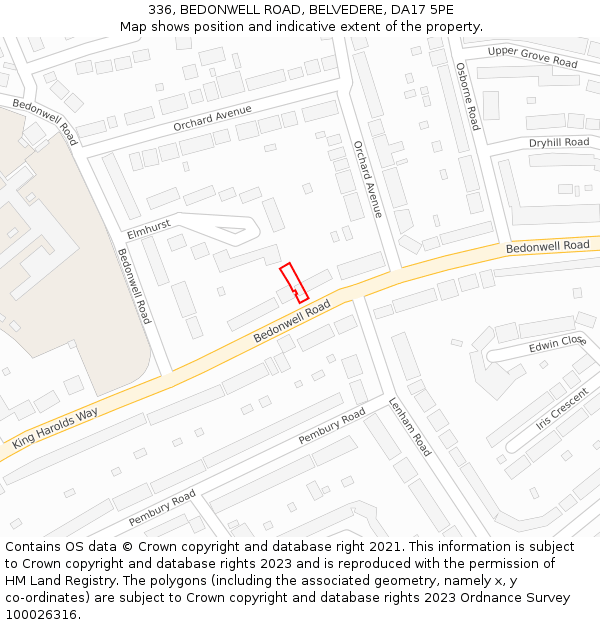 336, BEDONWELL ROAD, BELVEDERE, DA17 5PE: Location map and indicative extent of plot