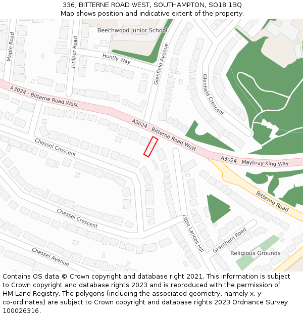 336, BITTERNE ROAD WEST, SOUTHAMPTON, SO18 1BQ: Location map and indicative extent of plot