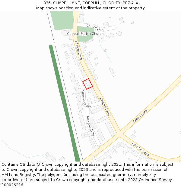 336, CHAPEL LANE, COPPULL, CHORLEY, PR7 4LX: Location map and indicative extent of plot