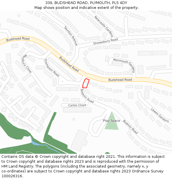 339, BUDSHEAD ROAD, PLYMOUTH, PL5 4DY: Location map and indicative extent of plot