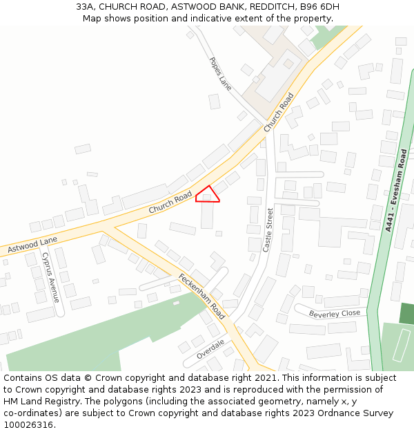 33A, CHURCH ROAD, ASTWOOD BANK, REDDITCH, B96 6DH: Location map and indicative extent of plot