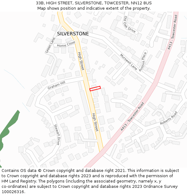 33B, HIGH STREET, SILVERSTONE, TOWCESTER, NN12 8US: Location map and indicative extent of plot