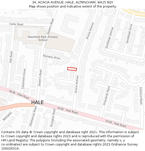 34, ACACIA AVENUE, HALE, ALTRINCHAM, WA15 8QY: Location map and indicative extent of plot