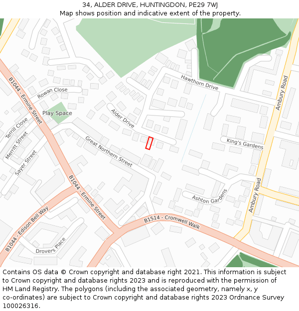 34, ALDER DRIVE, HUNTINGDON, PE29 7WJ: Location map and indicative extent of plot