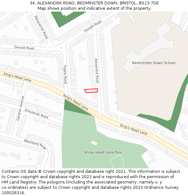 34, ALEXANDRA ROAD, BEDMINSTER DOWN, BRISTOL, BS13 7DE: Location map and indicative extent of plot