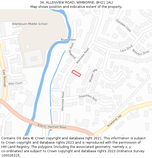 34, ALLENVIEW ROAD, WIMBORNE, BH21 1AU: Location map and indicative extent of plot