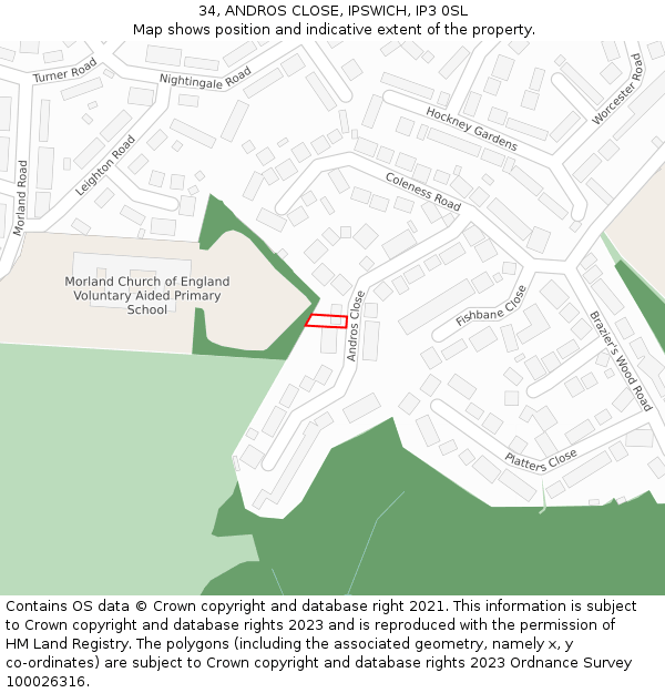 34, ANDROS CLOSE, IPSWICH, IP3 0SL: Location map and indicative extent of plot