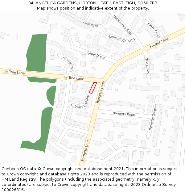 34, ANGELICA GARDENS, HORTON HEATH, EASTLEIGH, SO50 7PB: Location map and indicative extent of plot