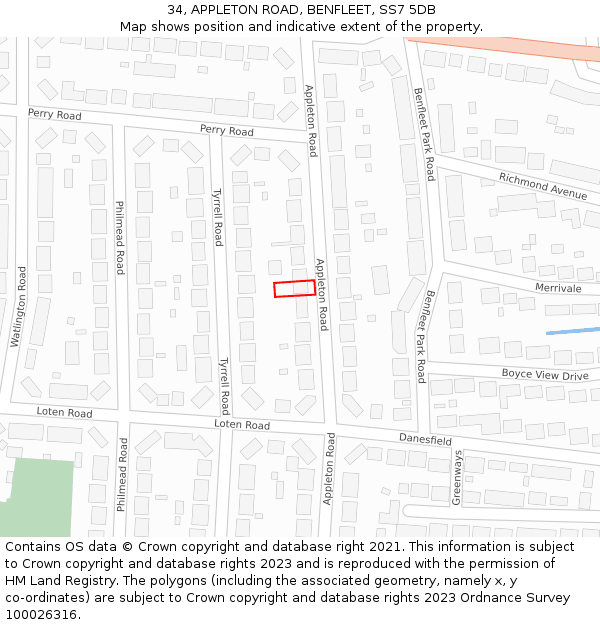 34, APPLETON ROAD, BENFLEET, SS7 5DB: Location map and indicative extent of plot