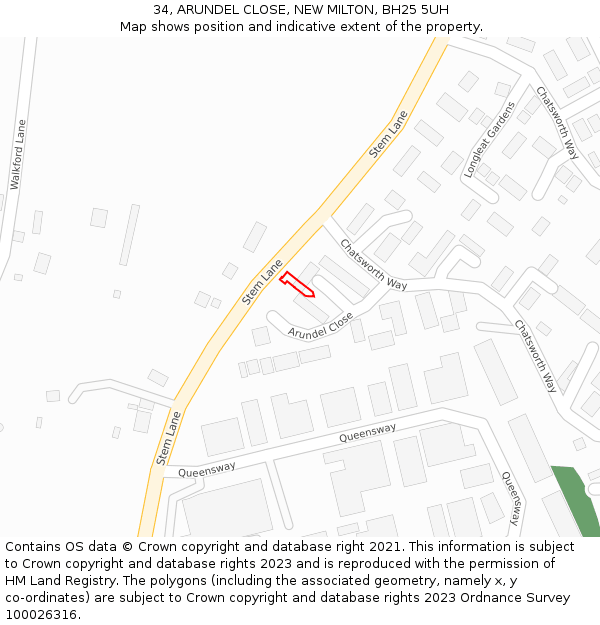 34, ARUNDEL CLOSE, NEW MILTON, BH25 5UH: Location map and indicative extent of plot