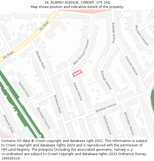 34, AUBREY AVENUE, CARDIFF, CF5 1AQ: Location map and indicative extent of plot
