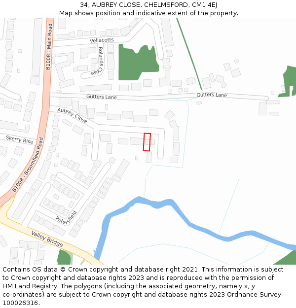 34, AUBREY CLOSE, CHELMSFORD, CM1 4EJ: Location map and indicative extent of plot