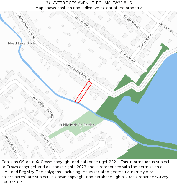 34, AYEBRIDGES AVENUE, EGHAM, TW20 8HS: Location map and indicative extent of plot