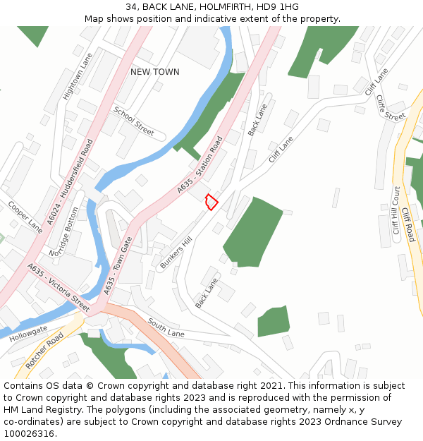 34, BACK LANE, HOLMFIRTH, HD9 1HG: Location map and indicative extent of plot