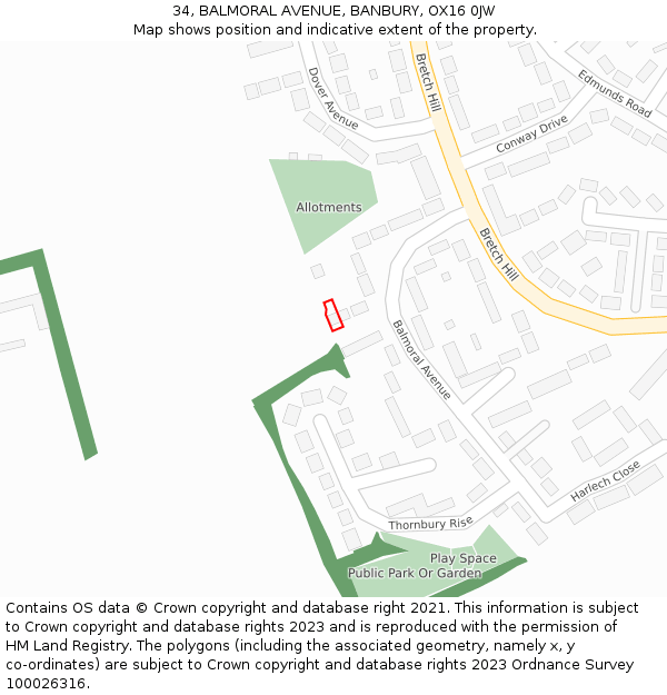 34, BALMORAL AVENUE, BANBURY, OX16 0JW: Location map and indicative extent of plot