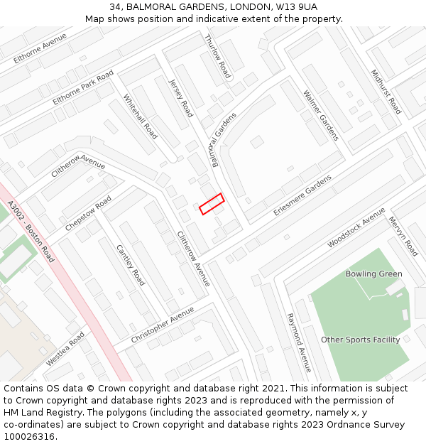 34, BALMORAL GARDENS, LONDON, W13 9UA: Location map and indicative extent of plot