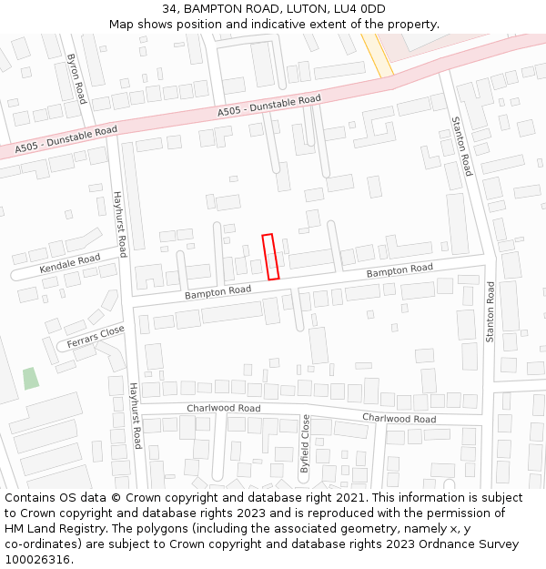 34, BAMPTON ROAD, LUTON, LU4 0DD: Location map and indicative extent of plot