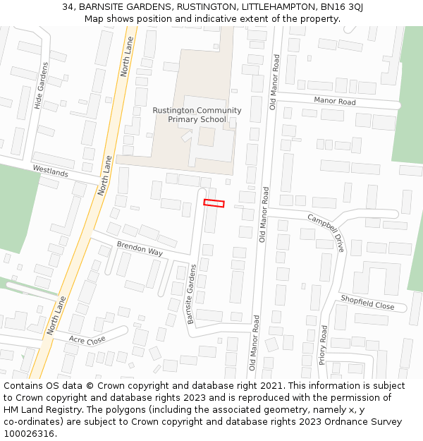 34, BARNSITE GARDENS, RUSTINGTON, LITTLEHAMPTON, BN16 3QJ: Location map and indicative extent of plot