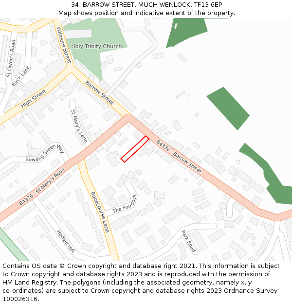 34, BARROW STREET, MUCH WENLOCK, TF13 6EP: Location map and indicative extent of plot