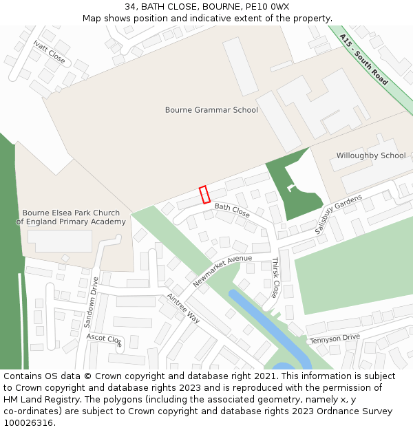 34, BATH CLOSE, BOURNE, PE10 0WX: Location map and indicative extent of plot