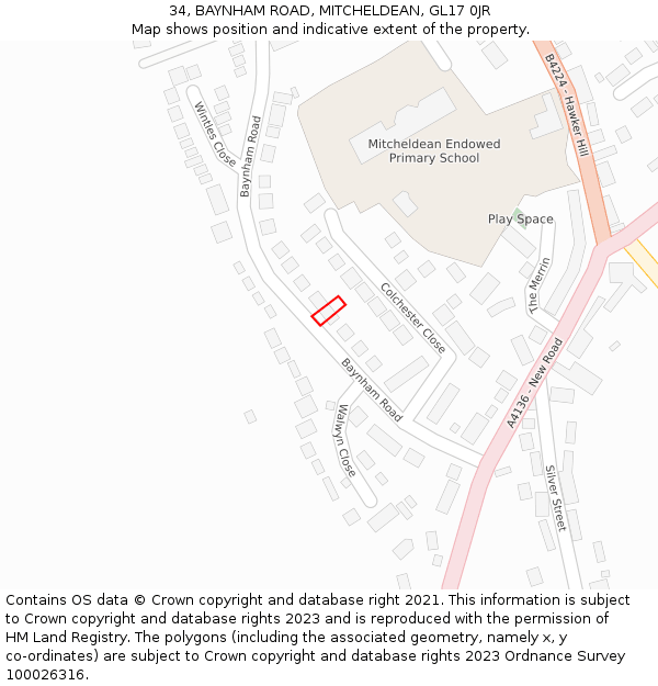 34, BAYNHAM ROAD, MITCHELDEAN, GL17 0JR: Location map and indicative extent of plot