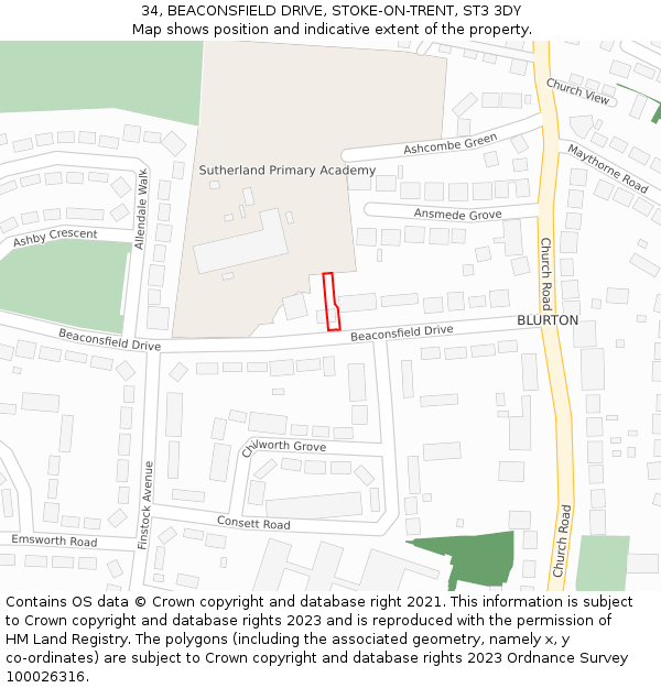 34, BEACONSFIELD DRIVE, STOKE-ON-TRENT, ST3 3DY: Location map and indicative extent of plot