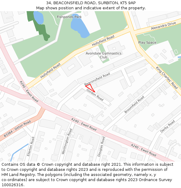 34, BEACONSFIELD ROAD, SURBITON, KT5 9AP: Location map and indicative extent of plot