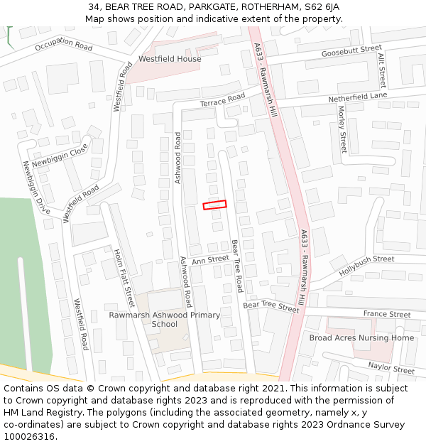 34, BEAR TREE ROAD, PARKGATE, ROTHERHAM, S62 6JA: Location map and indicative extent of plot