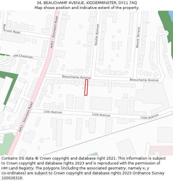 34, BEAUCHAMP AVENUE, KIDDERMINSTER, DY11 7AQ: Location map and indicative extent of plot