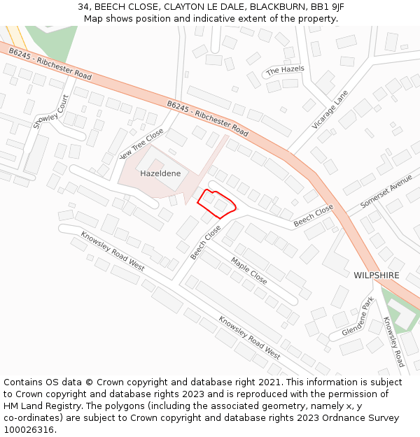34, BEECH CLOSE, CLAYTON LE DALE, BLACKBURN, BB1 9JF: Location map and indicative extent of plot
