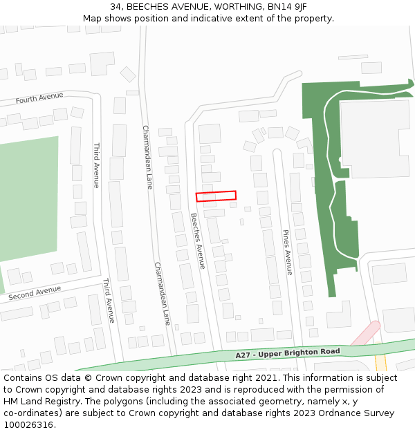 34, BEECHES AVENUE, WORTHING, BN14 9JF: Location map and indicative extent of plot