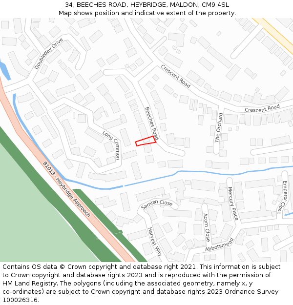 34, BEECHES ROAD, HEYBRIDGE, MALDON, CM9 4SL: Location map and indicative extent of plot
