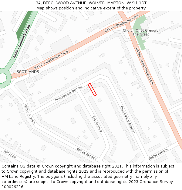 34, BEECHWOOD AVENUE, WOLVERHAMPTON, WV11 1DT: Location map and indicative extent of plot