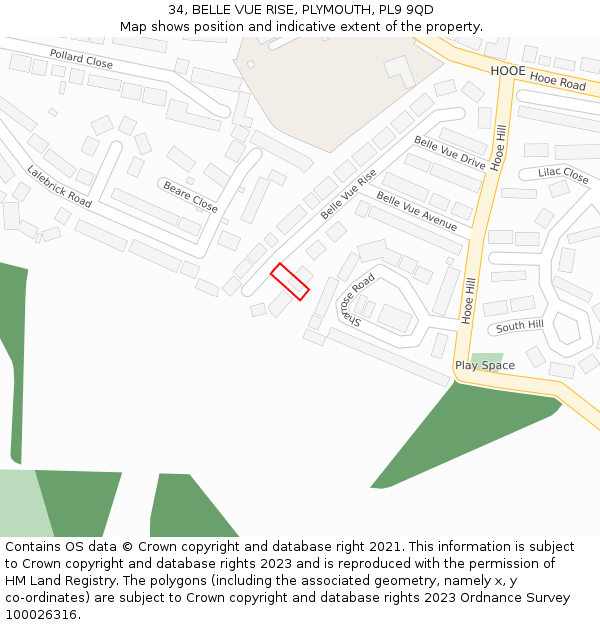 34, BELLE VUE RISE, PLYMOUTH, PL9 9QD: Location map and indicative extent of plot
