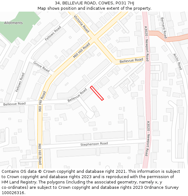 34, BELLEVUE ROAD, COWES, PO31 7HJ: Location map and indicative extent of plot