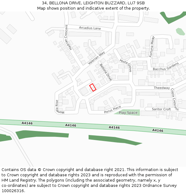 34, BELLONA DRIVE, LEIGHTON BUZZARD, LU7 9SB: Location map and indicative extent of plot