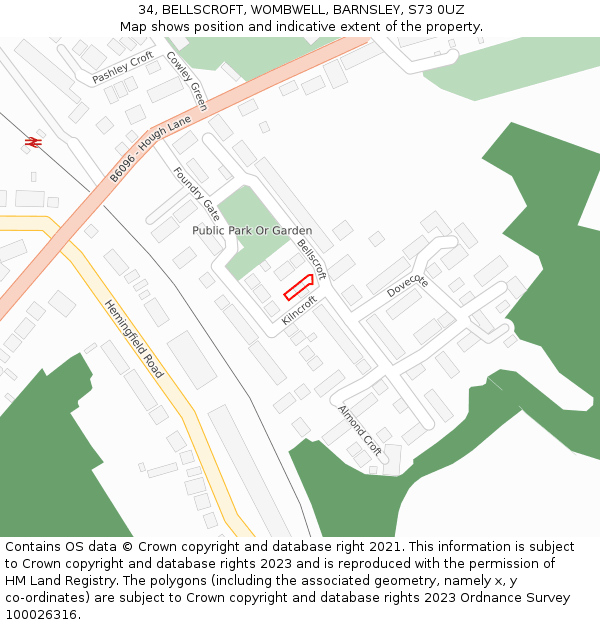 34, BELLSCROFT, WOMBWELL, BARNSLEY, S73 0UZ: Location map and indicative extent of plot