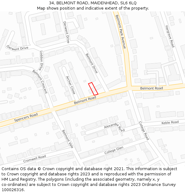 34, BELMONT ROAD, MAIDENHEAD, SL6 6LQ: Location map and indicative extent of plot